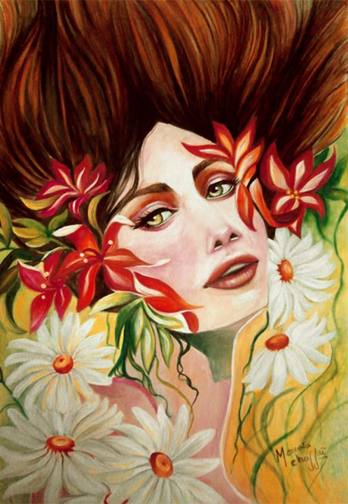 Schilderij getiteld "femme-fleurs." door Mounia Chaffai, Origineel Kunstwerk