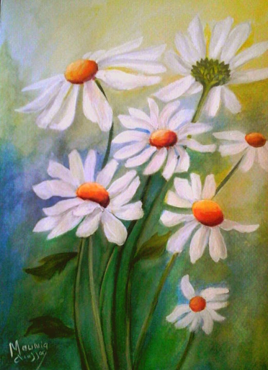 Peinture intitulée "fleurs-marguerites-…" par Mounia Chaffai, Œuvre d'art originale,