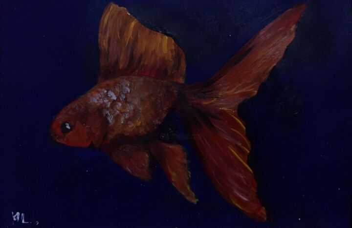 Peinture intitulée "Golden fish" par Mounia Lachqar, Œuvre d'art originale, Huile