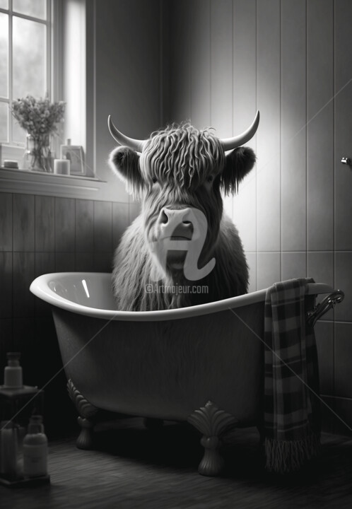 Digital Arts titled "Highland Cow Canvas…" by Mounir Khalfouf, Original Artwork, AI generated image