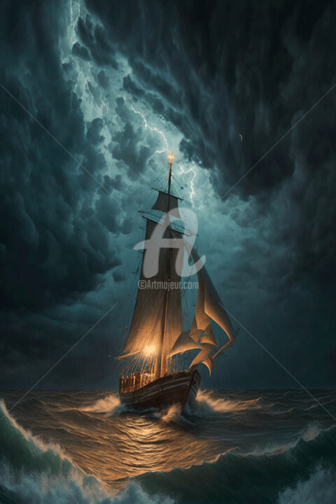 "Sailing Ship Fighti…" başlıklı Dijital Sanat Mounir Khalfouf tarafından, Orijinal sanat, AI tarafından oluşturulan görüntü