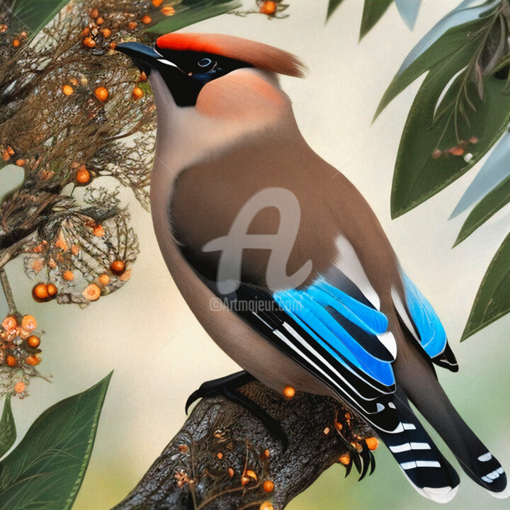 Arte digitale intitolato "Waxwing Bird On A B…" da Mounir Khalfouf, Opera d'arte originale, Immagine generata dall'IA
