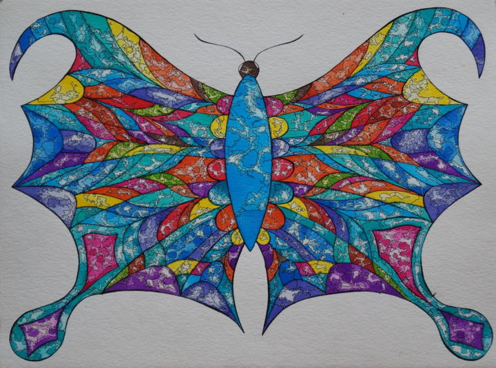 Peinture intitulée "papillon-1" par Karen Mouton, Œuvre d'art originale, Encre