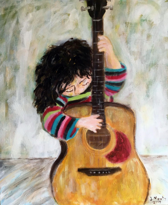 Painting titled "Enfant A La Guitare" by Mouty, Original Artwork, Acrylic