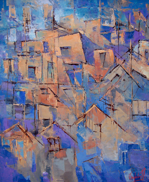 Painting titled "Old City" by Movses Petrosyan, Original Artwork, Acrylic Mounted on Wood Stretcher frame