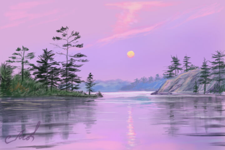 Digital Arts titled "Sunrise on the lake" by Tigran Movsisyan, Original Artwork, Digital Painting