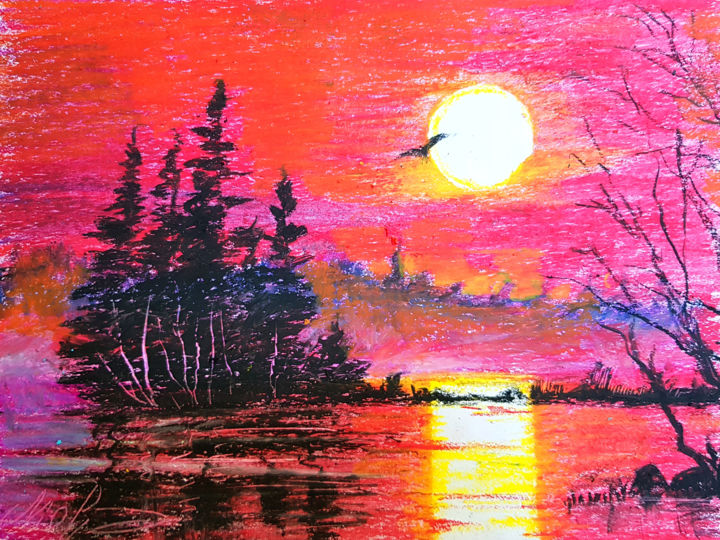 Red Sunset - Oil Pastel Painting, Pintura por Tigran Movsisyan