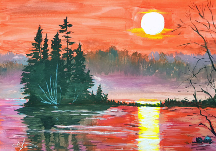 Картина под названием "Red sunset gouache…" - Tigran Movsisyan, Подлинное произведение искусства, Гуашь