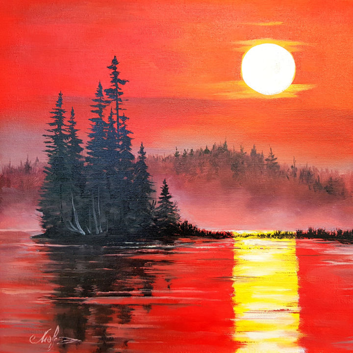 Картина под названием "Red sunset oil pain…" - Tigran Movsisyan, Подлинное произведение искусства, Масло