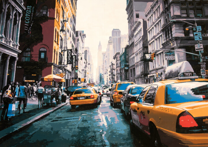 Painting titled "New York City Cabs" by Marco Barberio, Original Artwork, Acrylic Mounted on Wood Stretcher frame