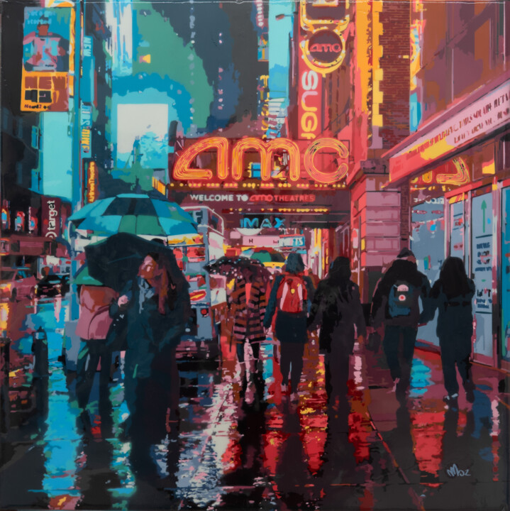 Painting titled "Rainy New York Stre…" by Marco Barberio, Original Artwork, Spray paint Mounted on Wood Stretcher frame