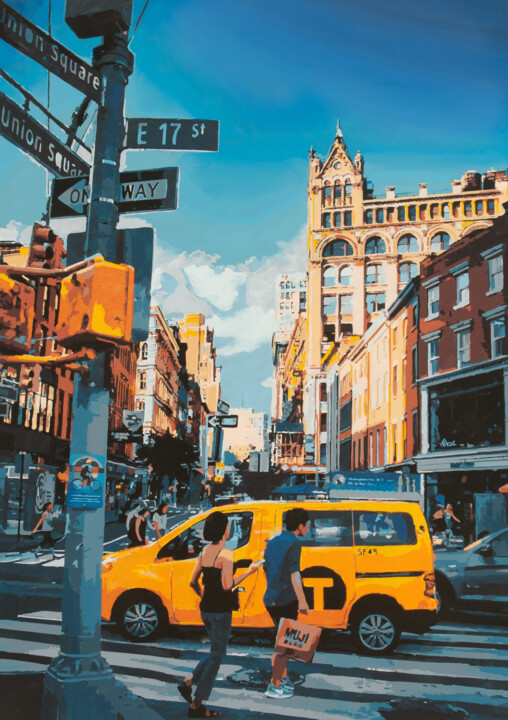 Painting titled "New York Street Sce…" by Marco Barberio, Original Artwork, Acrylic Mounted on Wood Stretcher frame