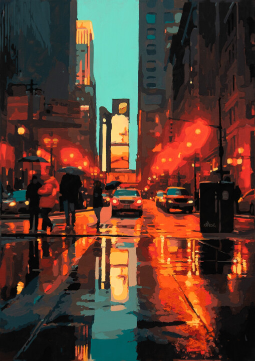 Painting titled "New York City Rain…" by Marco Barberio, Original Artwork, Acrylic Mounted on Wood Stretcher frame