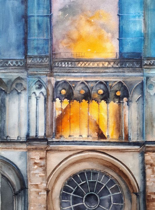 Pintura intitulada "Notre Dame prise pa…" por Marie Pascale Masson, Obras de arte originais, Aquarela Montado em Vidro