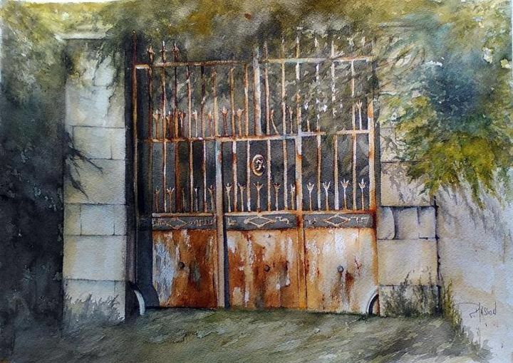 Pintura intitulada "Le portail,du Mas F…" por Marie Pascale Masson, Obras de arte originais, Aquarela Montado em Cartão