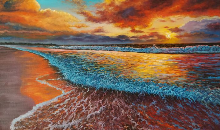 Картина под названием "Закат у моря" - Руслан Юрьев, Подлинное произведение искусства, Масло