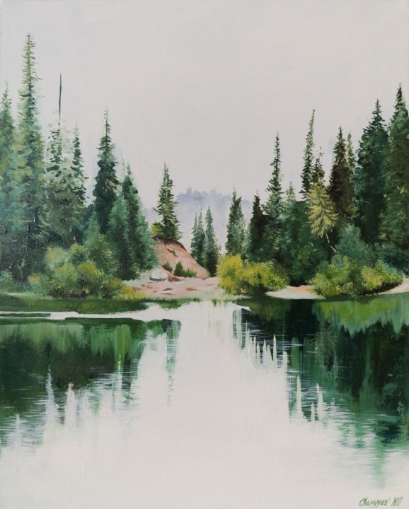 Painting titled "Forest lake" by Kakajan Charyyev, Original Artwork, Oil Mounted on Wood Stretcher frame