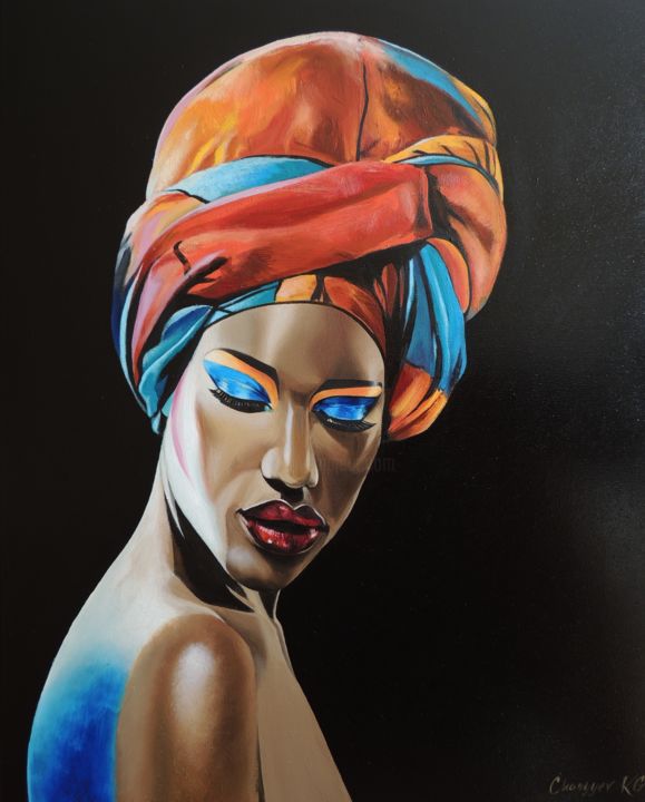 Painting titled "African woman" by Kakajan Charyyev, Original Artwork, Oil Mounted on Wood Stretcher frame