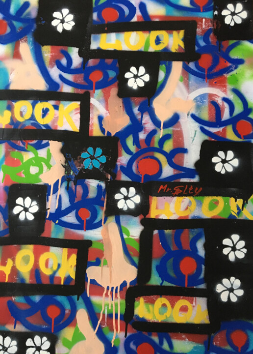 Картина под названием "Nose, eye, flower" - Mr. Salty, Подлинное произведение искусства, Рисунок распылителем краски