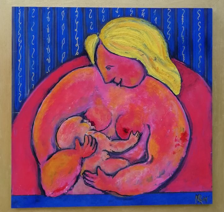 Картина под названием "Maternidad 3" - M. Rafael Sánchez, Подлинное произведение искусства, Пигменты Установлен на Деревянна…