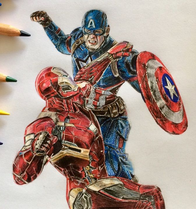 Рисунок под названием "Captain America vs.…" - Mr.Garo_art, Подлинное произведение искусства, Цветные карандаши