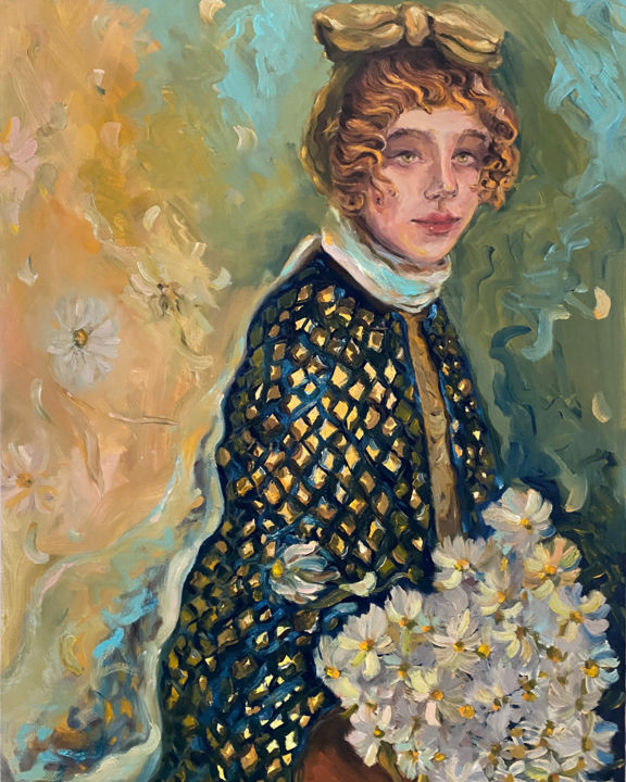 Painting titled "Lady with daisies" by Mr. Nekalo, Original Artwork, Oil