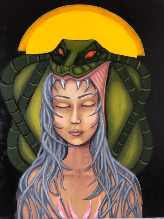 Painting titled "Snakegirl" by Anna Afonina, Original Artwork, Oil Mounted on Wood Stretcher frame