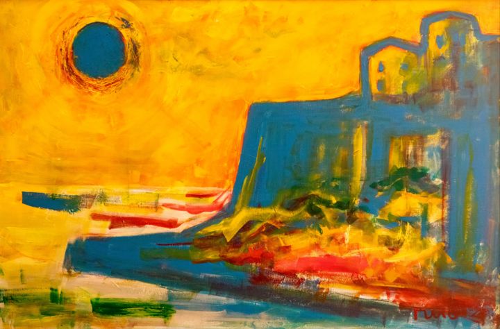 Painting titled "Blue Sun above Dulc…" by Mentor Llunji, Original Artwork, Acrylic