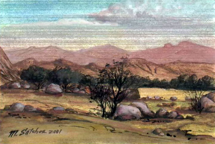 Painting titled "Pink desert spring" by Mike Satcher, Original Artwork, Watercolor