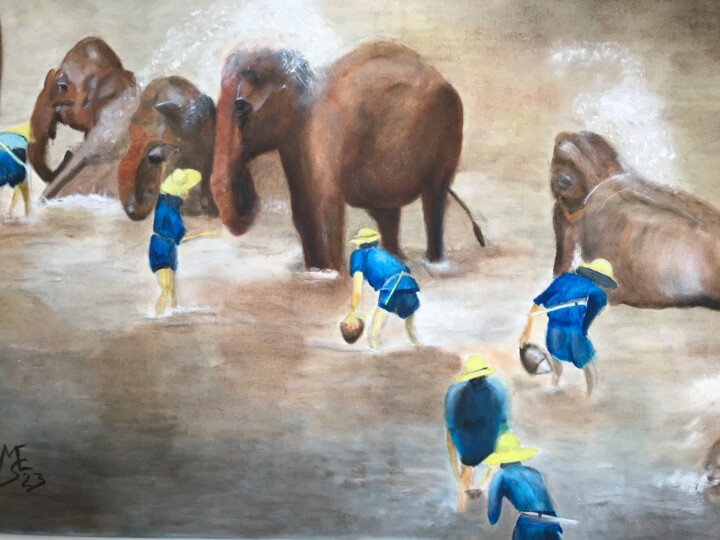 Pintura intitulada "Elefanten-Bad" por M.U.S.E., Obras de arte originais, Óleo