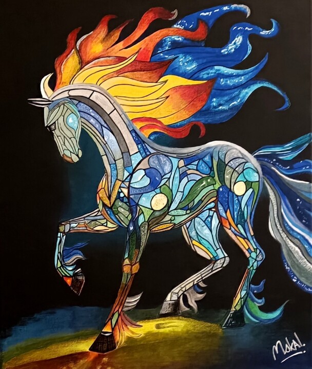 Painting titled "Prismatic stallion" by Mskal, Original Artwork, Acrylic Mounted on Wood Stretcher frame