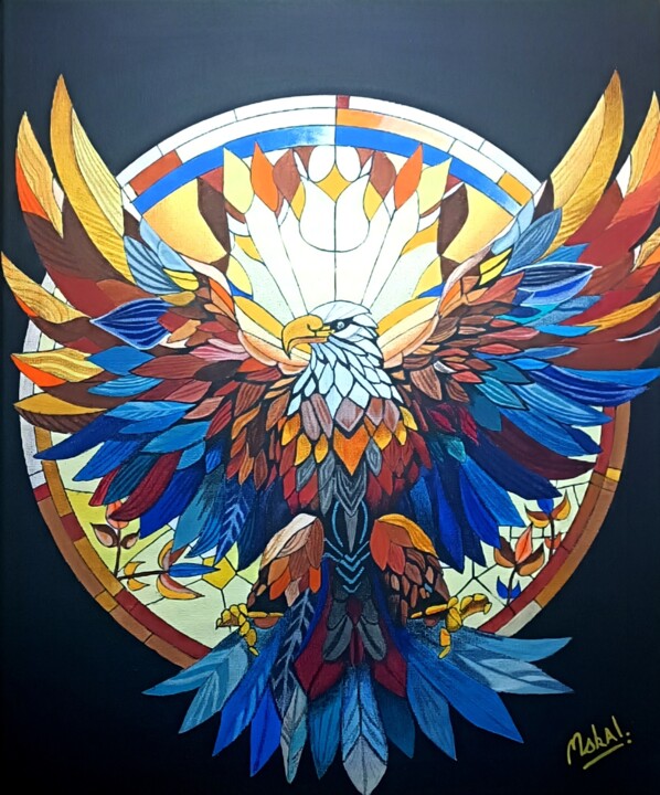 Schilderij getiteld "Prismatic Aquila" door Mskal, Origineel Kunstwerk, Acryl Gemonteerd op Frame voor houten brancard