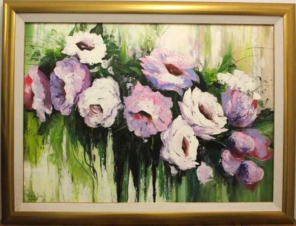 Painting titled "Tableau floral" by Artista Salma, Original Artwork, Acrylic Mounted on Wood Stretcher frame