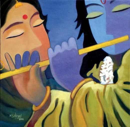 Peinture intitulée "Radha and Krishna" par M.S.Vinod, Œuvre d'art originale