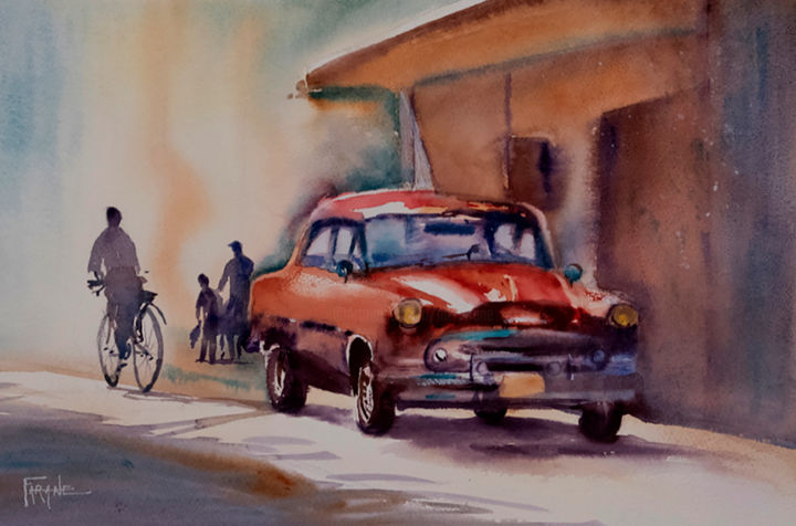 Painting titled "Voiture cubaine" by Michelle Alias Farane Thébault, Original Artwork, Watercolor