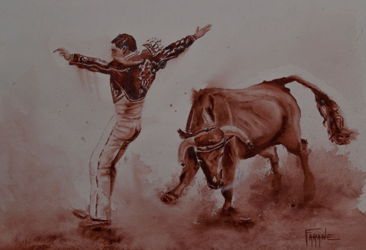 Pintura titulada "Course de vache" por Michelle Alias Farane Thébault, Obra de arte original, Acuarela