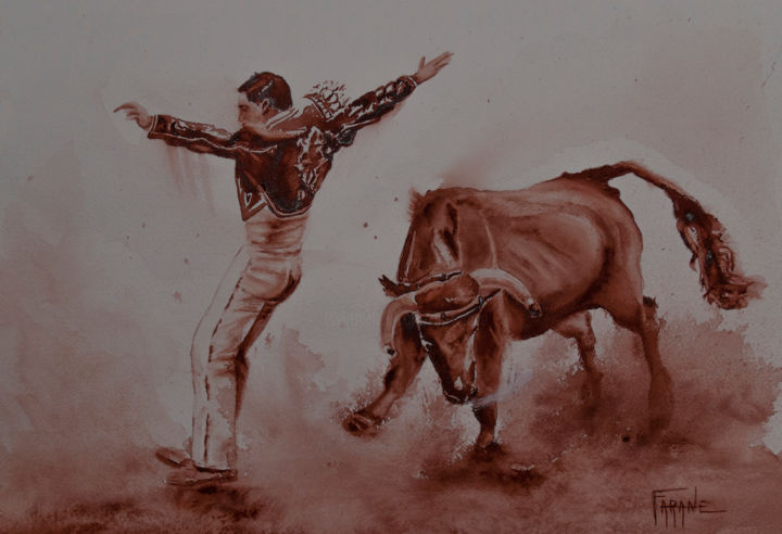 Painting titled "Course de vache" by Michelle Alias Farane Thébault, Original Artwork, Watercolor