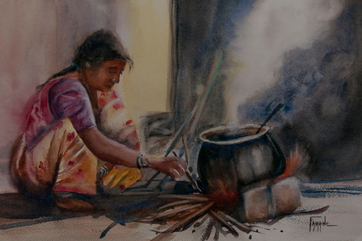 Painting titled "Cuisiner en Inde" by Michelle Alias Farane Thébault, Original Artwork, Watercolor