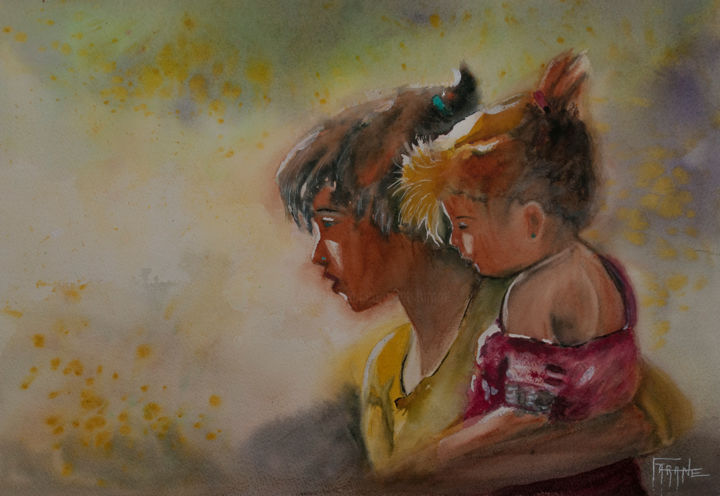 Painting titled "Tendresse" by Michelle Alias Farane Thébault, Original Artwork, Watercolor