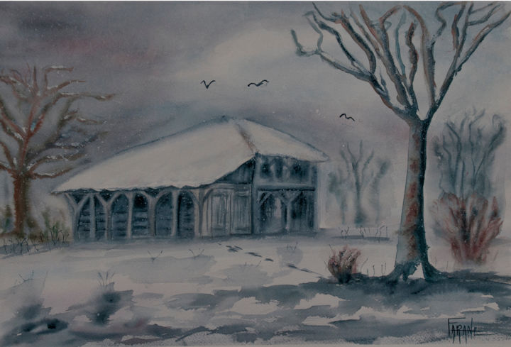 Malerei mit dem Titel "Rigueur de l'hiver" von Michelle Alias Farane Thébault, Original-Kunstwerk, Aquarell