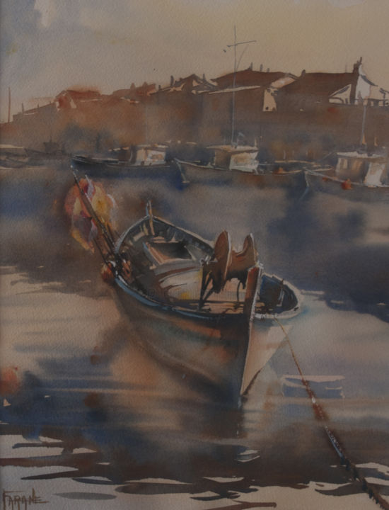 Painting titled "La barque du pêcheur" by Michelle Alias Farane Thébault, Original Artwork, Watercolor