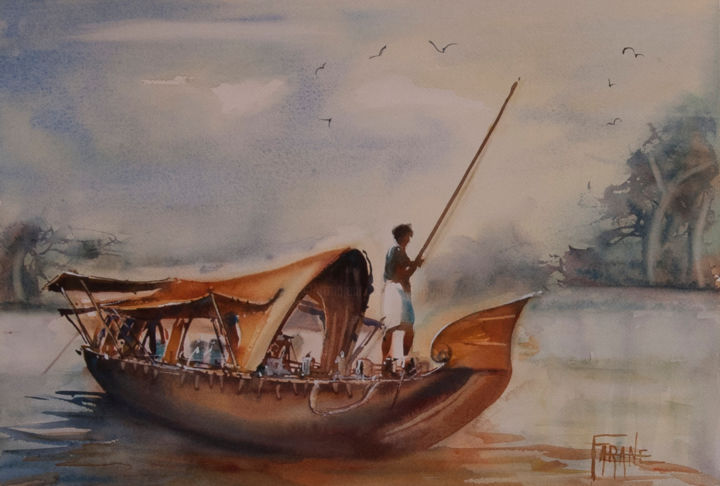 Painting titled "Batelier hindou" by Michelle Alias Farane Thébault, Original Artwork, Watercolor