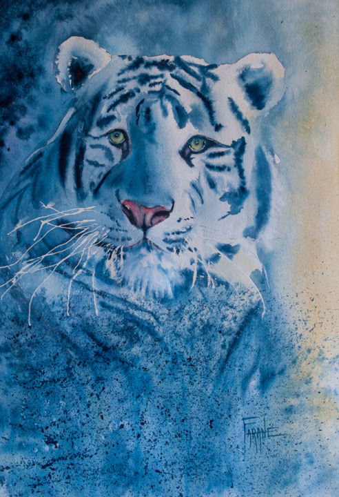 Painting titled "Tigre blanc-1" by Michelle Alias Farane Thébault, Original Artwork, Watercolor