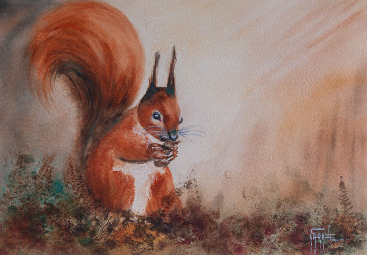 Peinture intitulée "L'écureuil" par Michelle Alias Farane Thébault, Œuvre d'art originale, Aquarelle