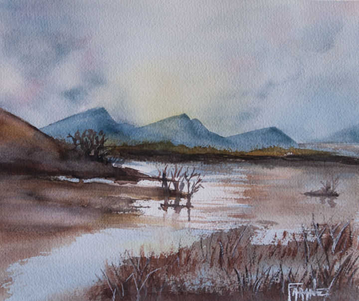 Painting titled "Paysage lac" by Michelle Alias Farane Thébault, Original Artwork, Watercolor