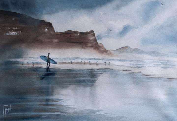 Malarstwo zatytułowany „Le surfeur” autorstwa Michelle Alias Farane Thébault, Oryginalna praca, Akwarela