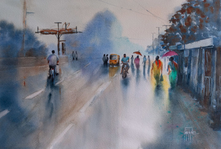 Pittura intitolato "La rue en Inde" da Michelle Alias Farane Thébault, Opera d'arte originale, Acquarello