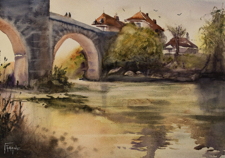 Ζωγραφική με τίτλο "Pont d'Orthez" από Michelle Alias Farane Thébault, Αυθεντικά έργα τέχνης, Ακουαρέλα