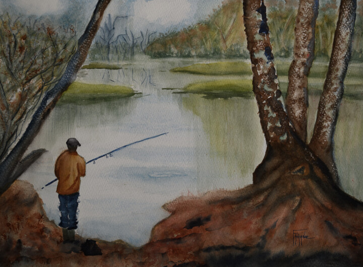 Pintura intitulada "pêcheur de l'étang" por Michelle Alias Farane Thébault, Obras de arte originais, Aquarela