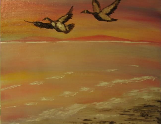 Painting titled "Geese Flying Over B…" by Trine Meyer Vogsland, Original Artwork